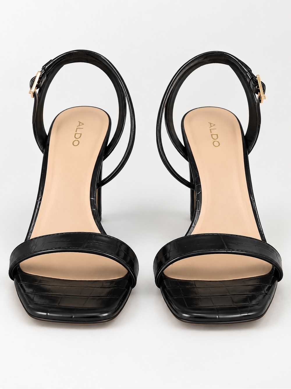 Aldo Black Croc-Embossed Square-Toe Ankle-Strap Heels